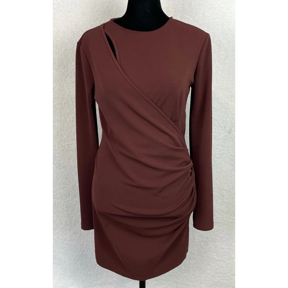 ZARA • Brown Keyhole Cutout Long Sleeve Bodycon Mini Dress, M - Picture 5 of 16